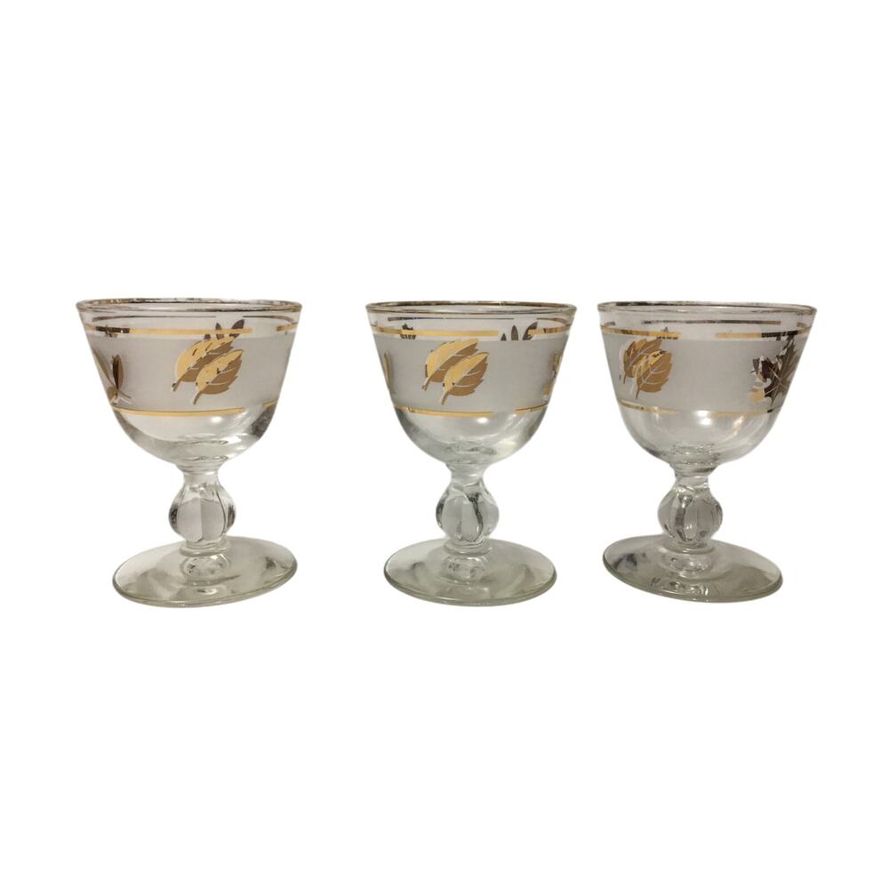 Vintage Gold Leaf Goblets Set of 3 Frosted Glass Barware Mid Century